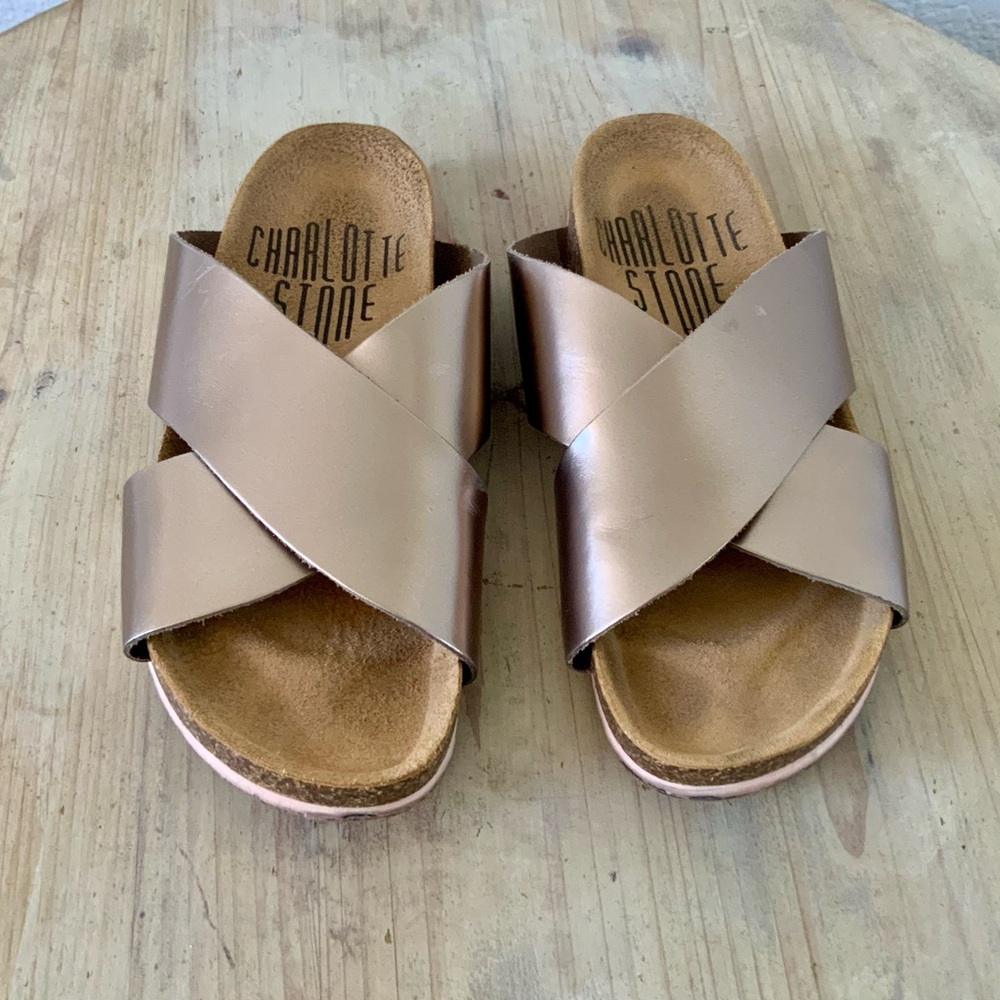 Charlotte Stone, Luke, Gold Metallic Slip on Sandals, Sz 38 (7 1/2)